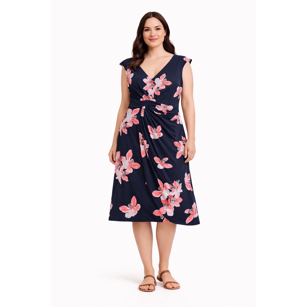 Next Up Dress Women's 14 Midi Faux Wrap Coral Floral‎ Print Modern Blue Pink